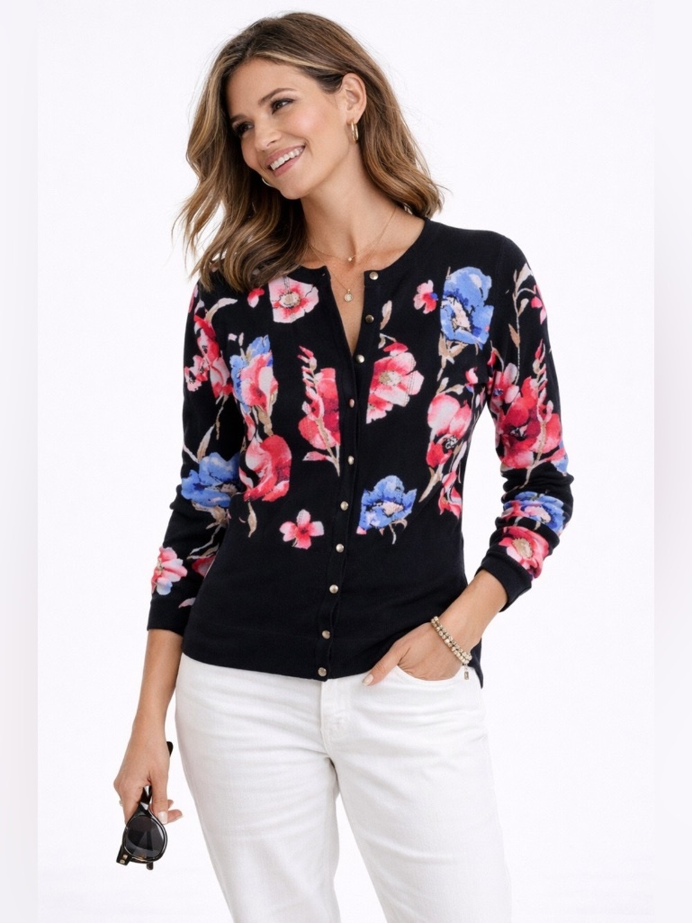 WHBM Womens Floral Snap Long Sleeve Cardigan Small Black Whimsical Office Light